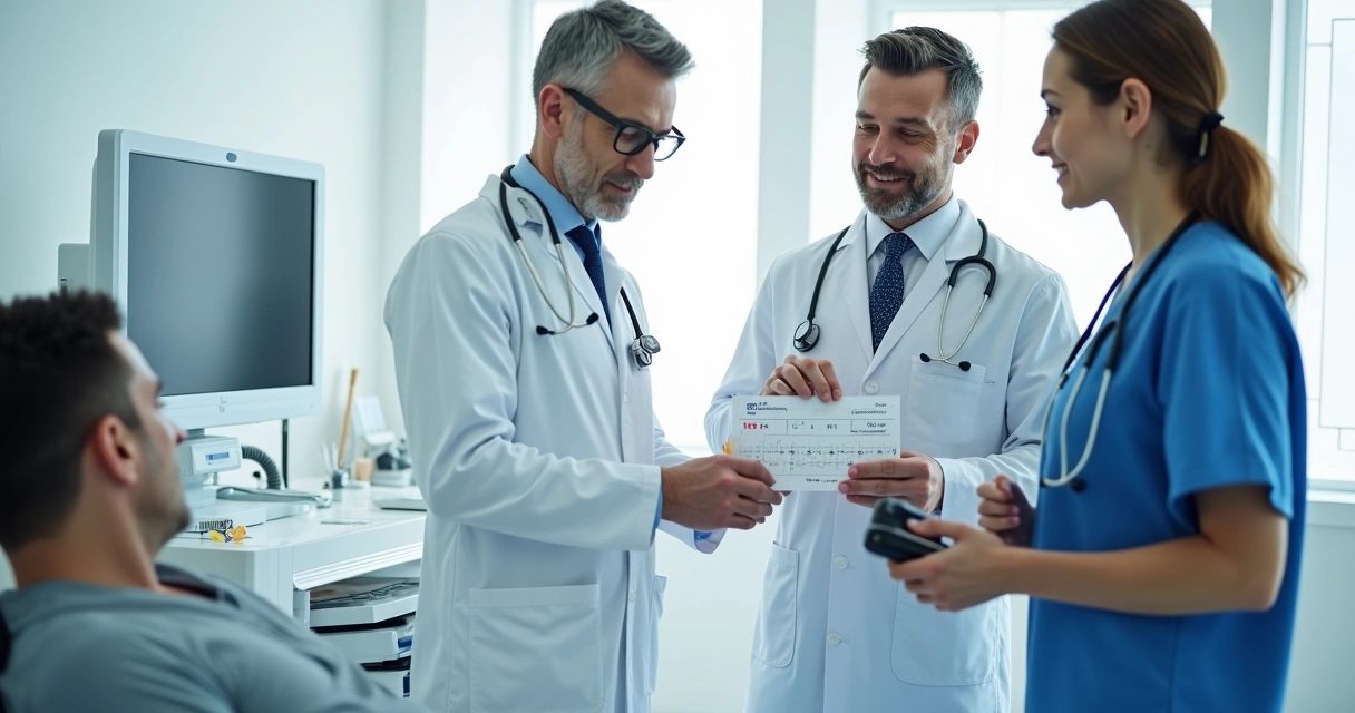 Equipe médica analisando exame de Holter ao lado de paciente 