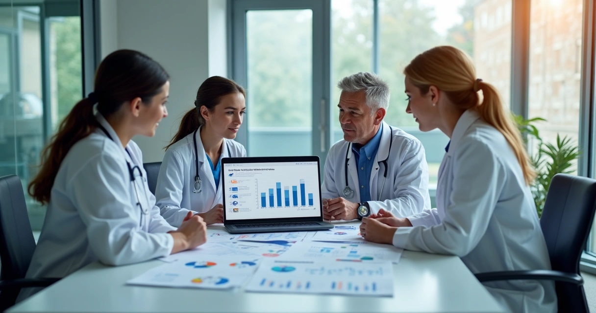 Equipe médica reunida em torno de mesa analisando relatórios e gráficos de IA 