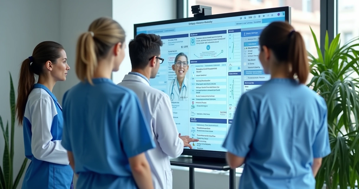 Equipe médica analisando prontuário digital em tela com recursos de inteligência artificial