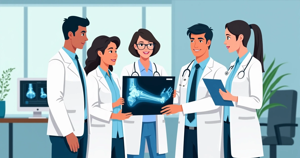 Diagnóstico diferencial e manejo das infecções osteoarticulares profundas 1 Equipe médica avaliando radiografias de paciente com suspeita de infecção óssea
