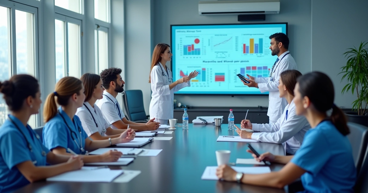 Equipe de profissionais da saúde reunida em sala de treinamento, prestando atenção a uma apresentação com gráficos 