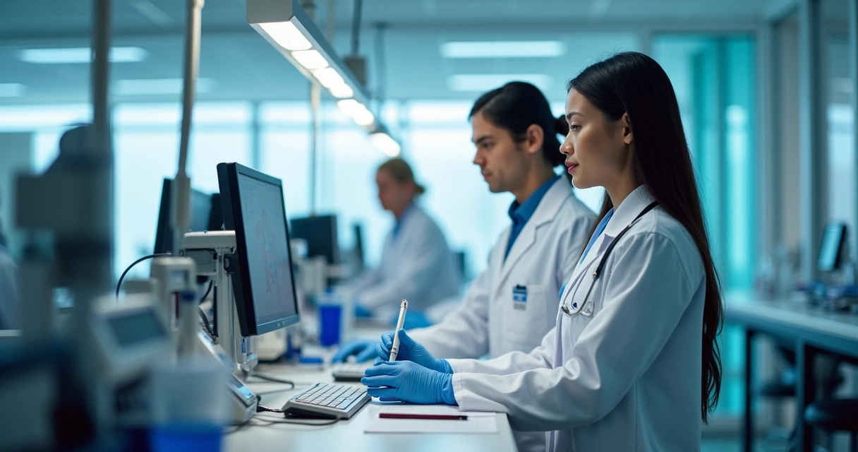 Equipe médica realizando exame laboratorial em ambiente moderno, simbolizando expansão de serviços 