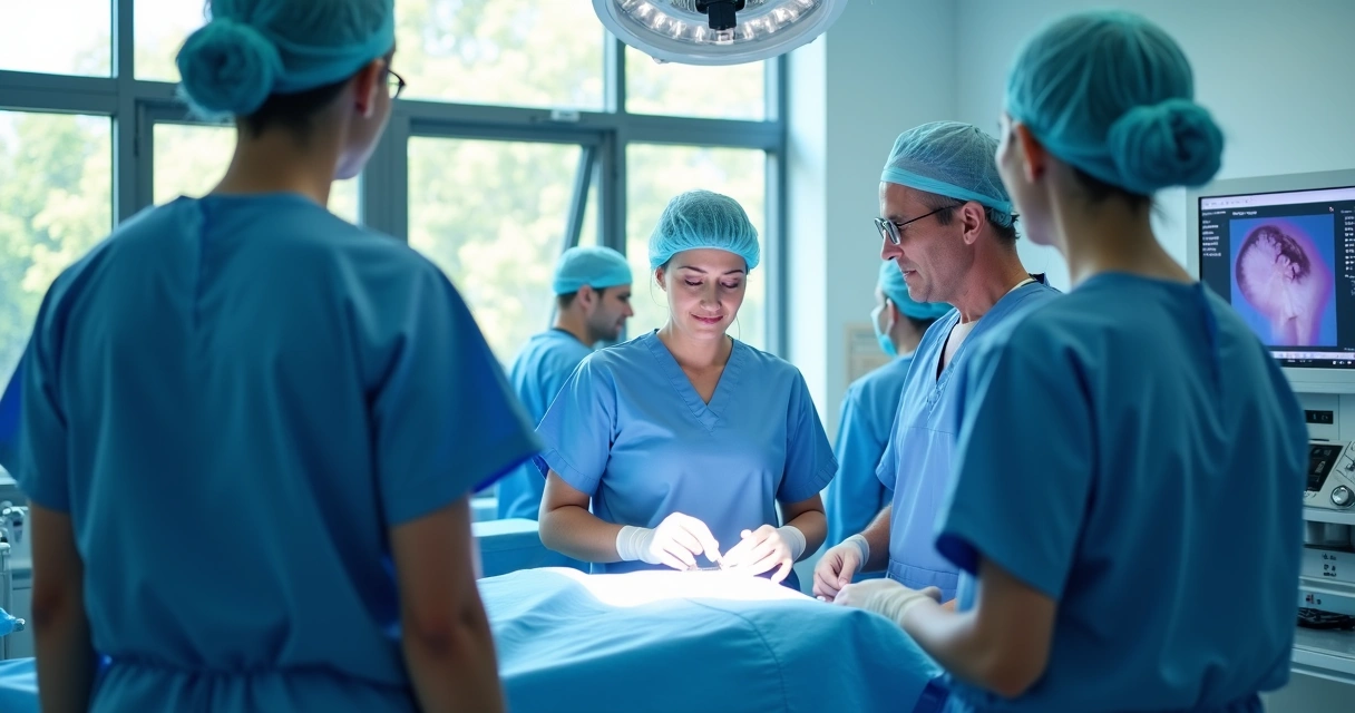 Equipe médica em ambiente hospitalar, reunida em sala de cirurgia urológica 