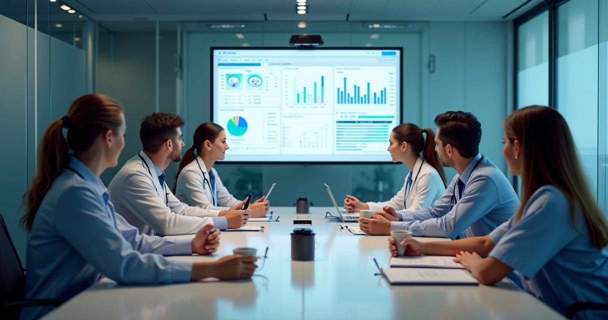 Equipe médica avaliando novas tecnologias em sala de reunião 