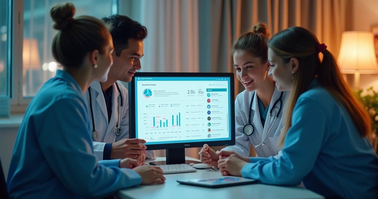 Equipe médica utilizando sistema de inteligência artificial em computador 