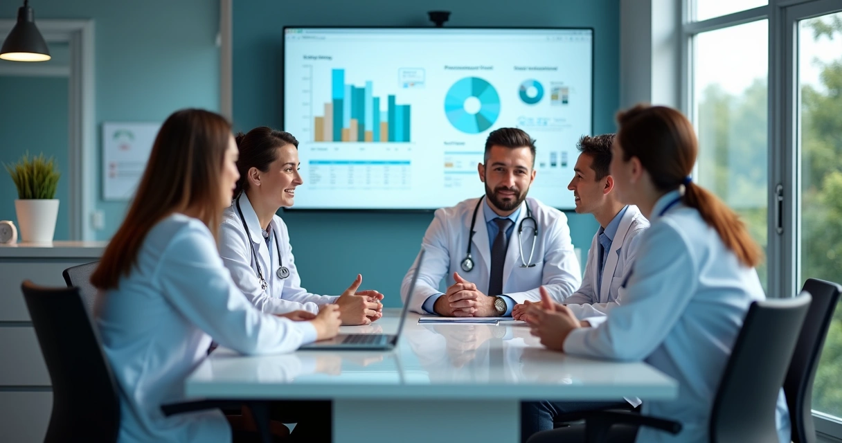 Equipe médica reunida debatendo estratégias em consultório moderno