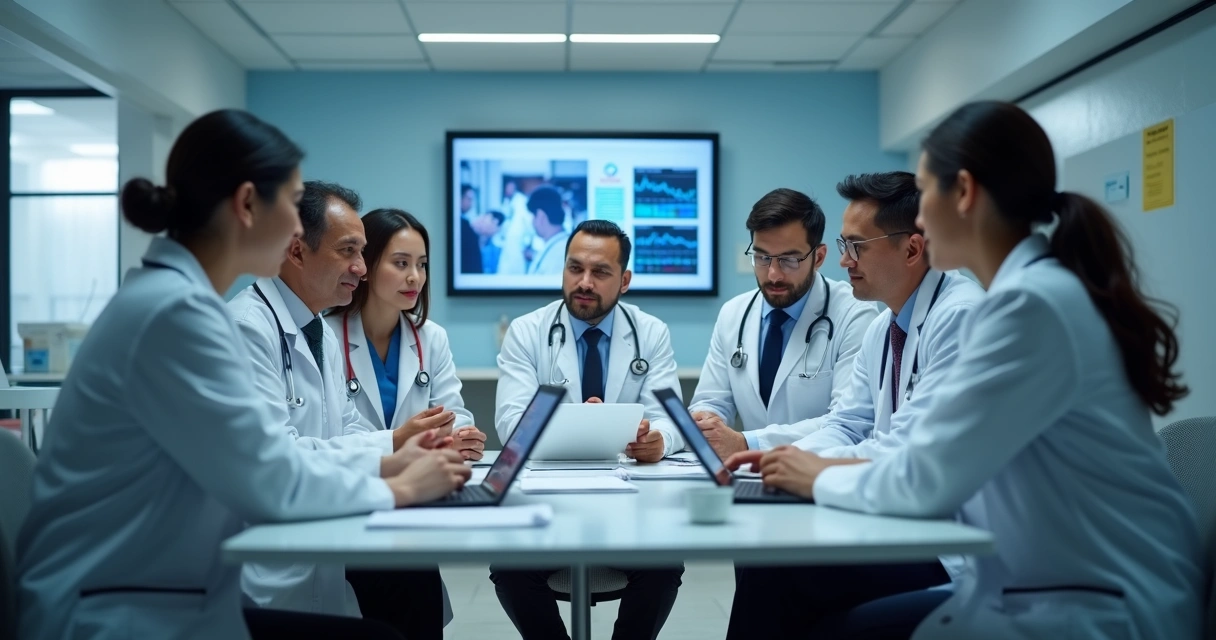 Equipe médica reunida em sala de clínica