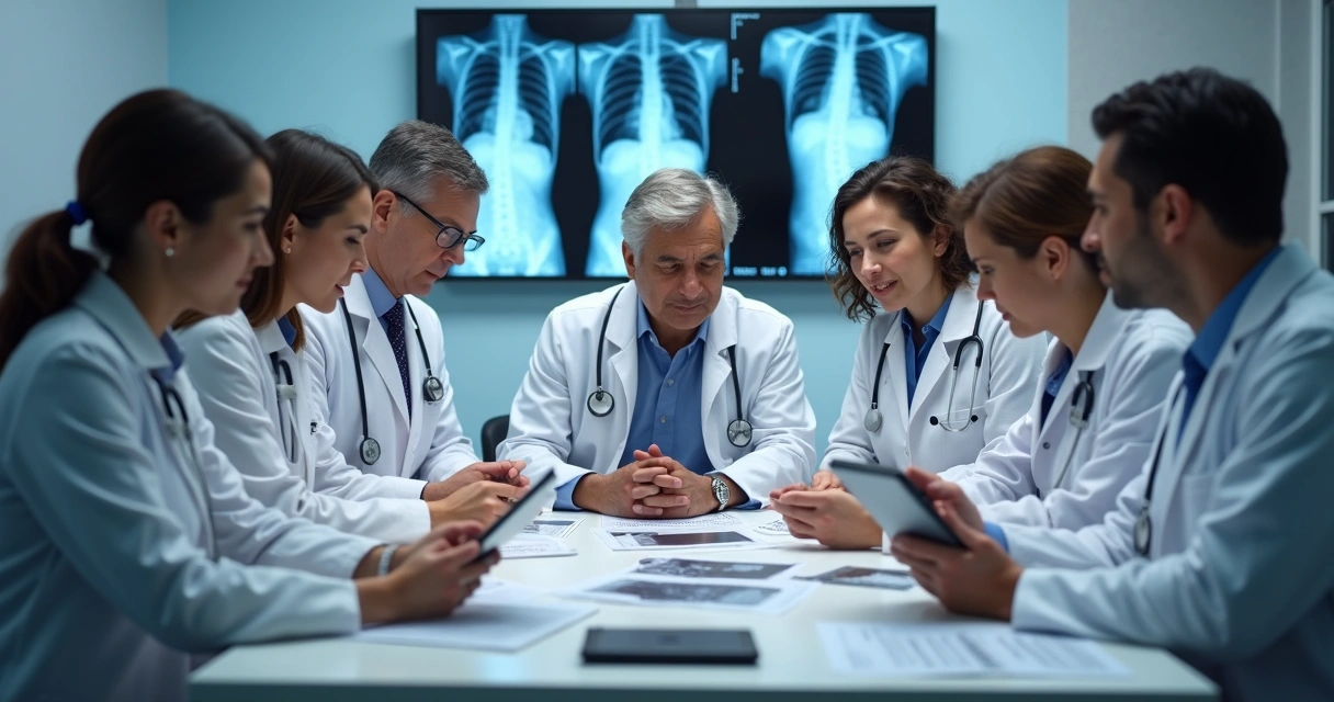 Equipe médica reunida discutindo exames de câncer de mama ao redor de uma mesa
