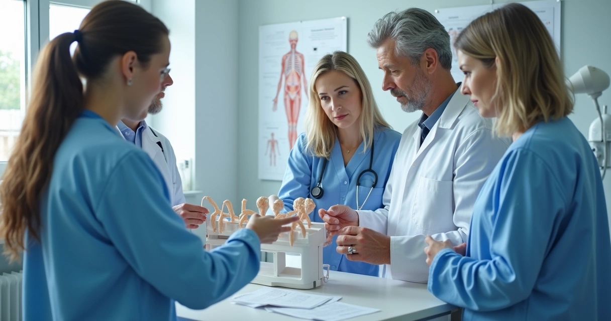 Equipe médica treinando com orquidômetro em ambiente clínico