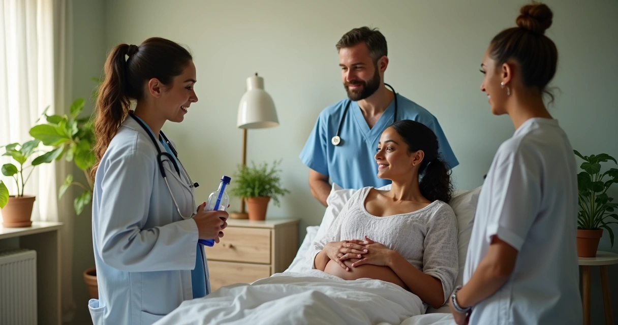 Equipe médica em ambiente humanizado de parto 