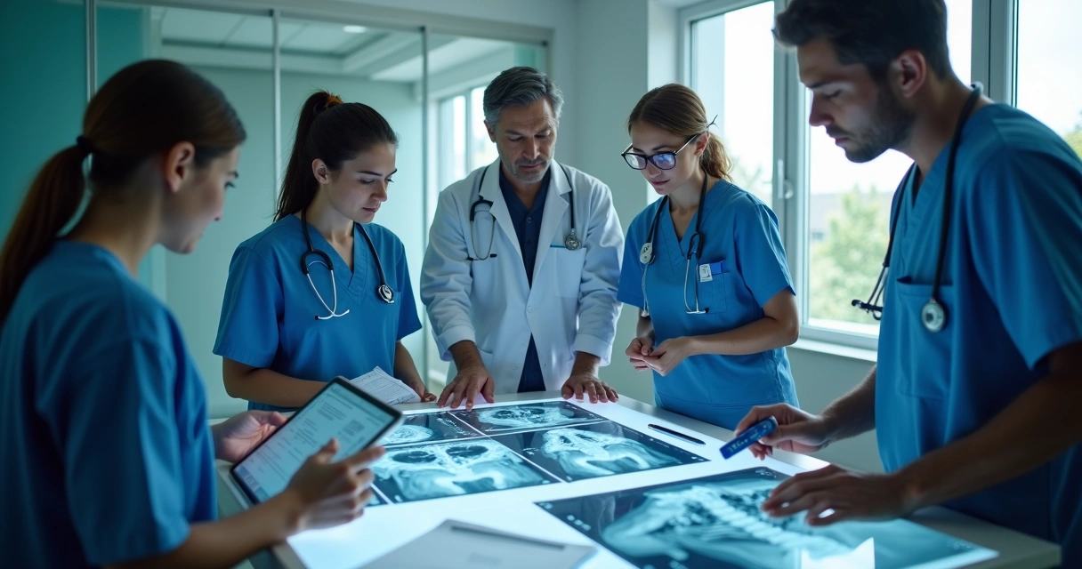 Equipe médica analisando exames e planejando cirurgia pélvica