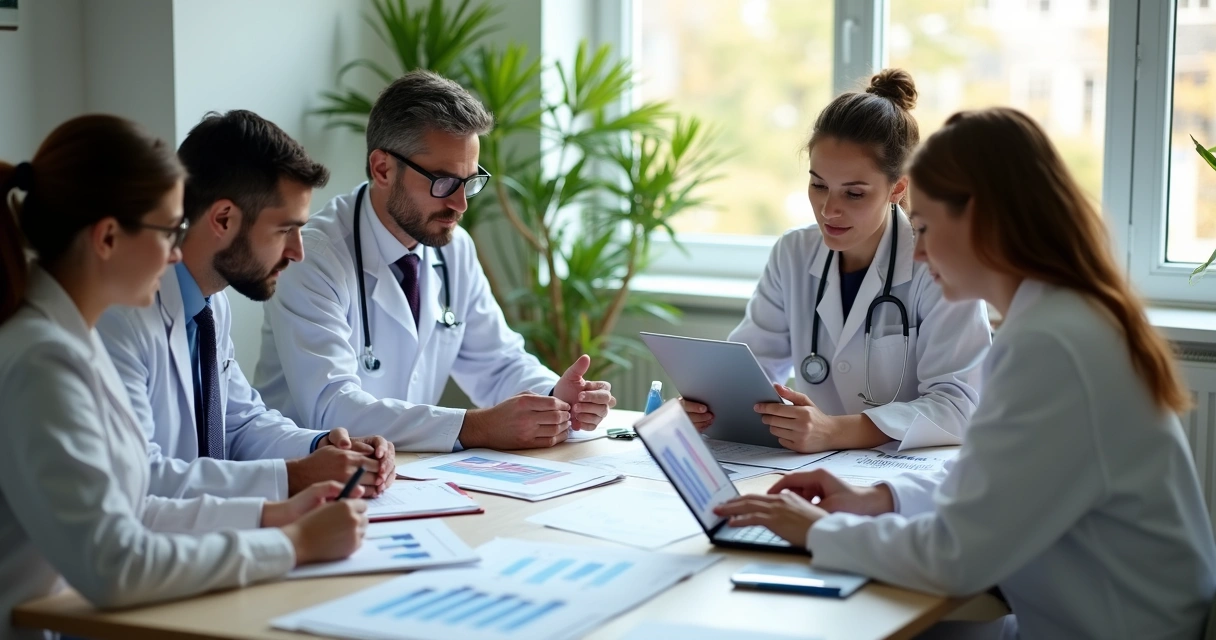 Equipe médica analisa documentos de plano financeiro 