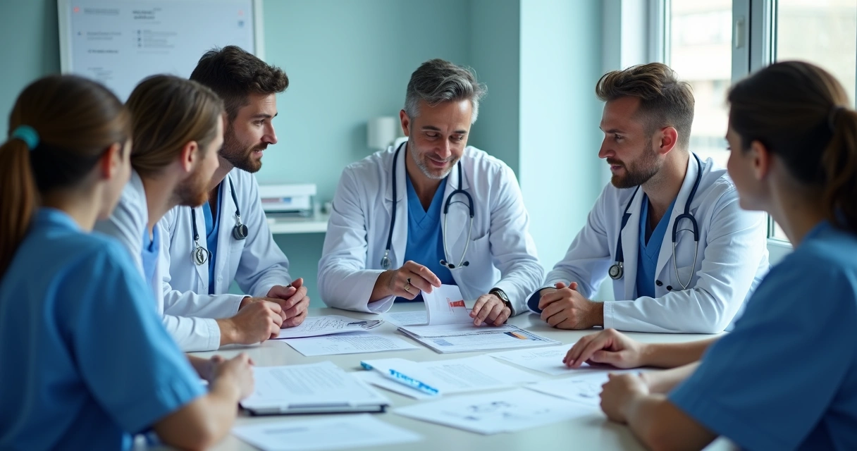 Equipe médica reunida discutindo exames e documentos médicos em uma sala de reunião 