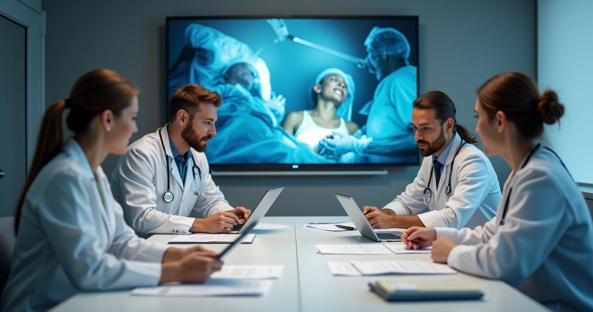 Equipe médica reunida discutindo plano cirúrgico, documentos à mesa 