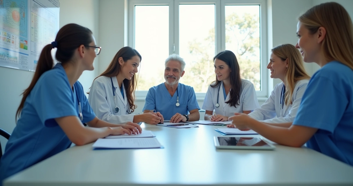 Equipe médica em reunião discutindo caso clínico 