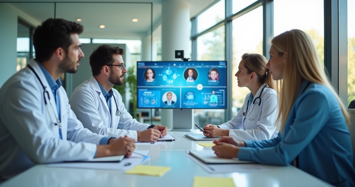 Equipe médica reunida em videoconferência discutindo caso clínico 
