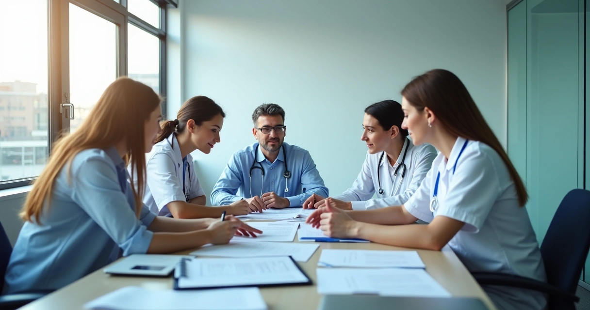 Equipe médica em reunião discutindo orientações jurídicas 