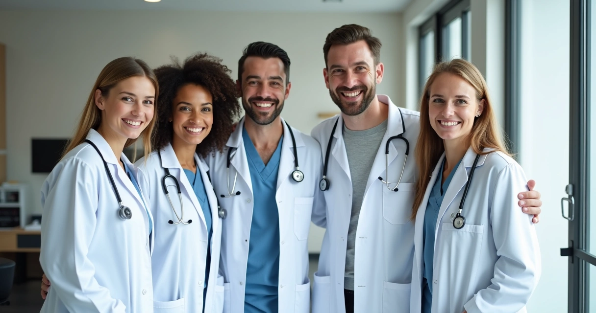 Equipe médica reunida sorrindo para a câmera 