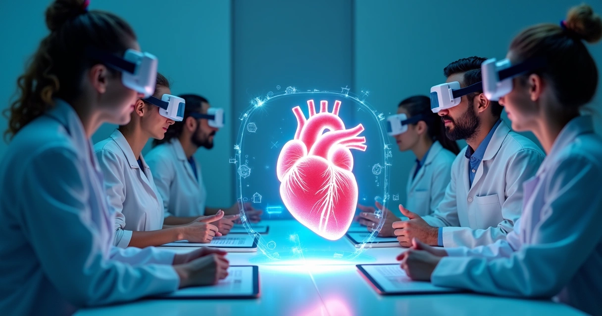 Equipe médica reunida com dispositivos tecnológicos 