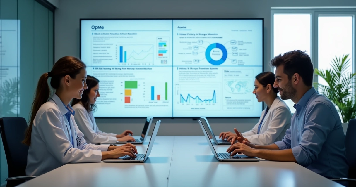 Equipe médica e administrativa reunida conferindo documentos de OPME na clínica 