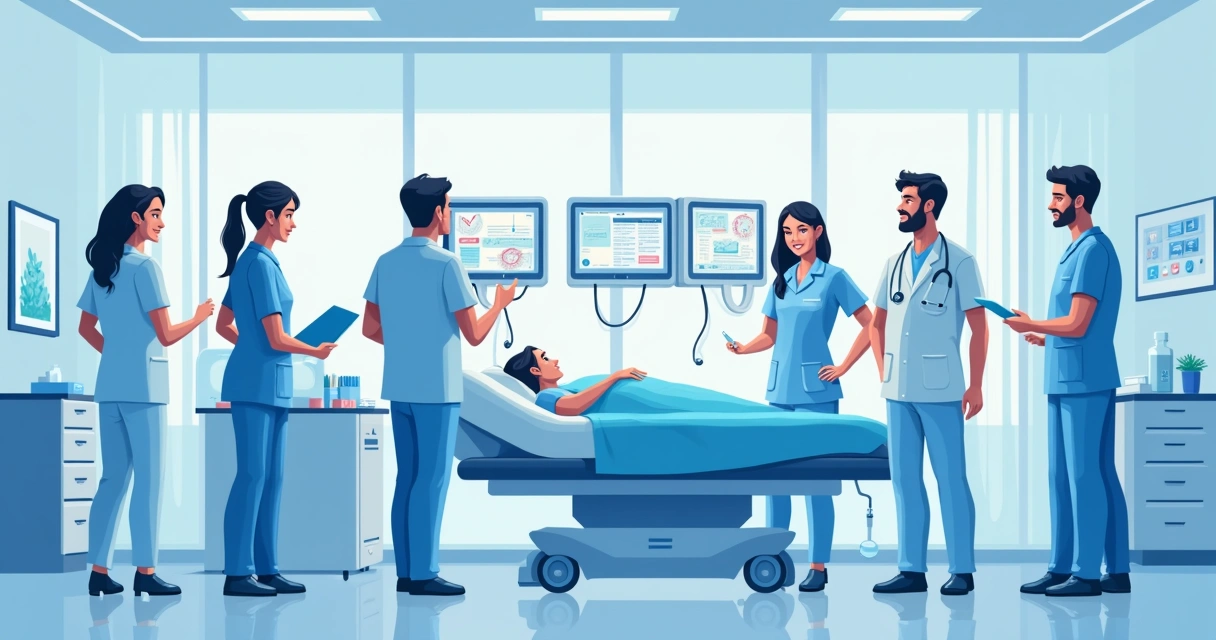 Equipe médica analisando paciente em terapia intensiva 