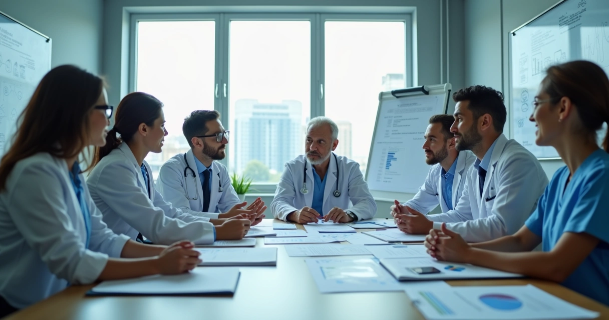 Equipe multidisciplinar de profissionais de saúde reunida em uma sala de reunião corporativa discutindo papéis, papéis e gráficos distribuídos sobre a mesa. 