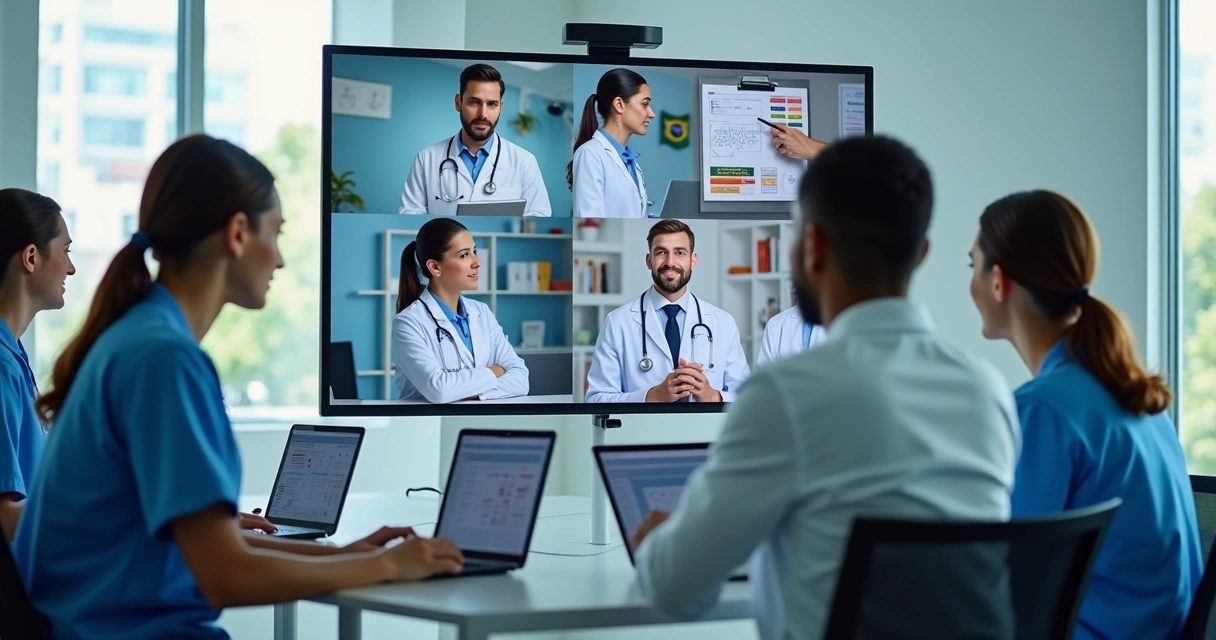 Equipe médica conectada via videoconferência