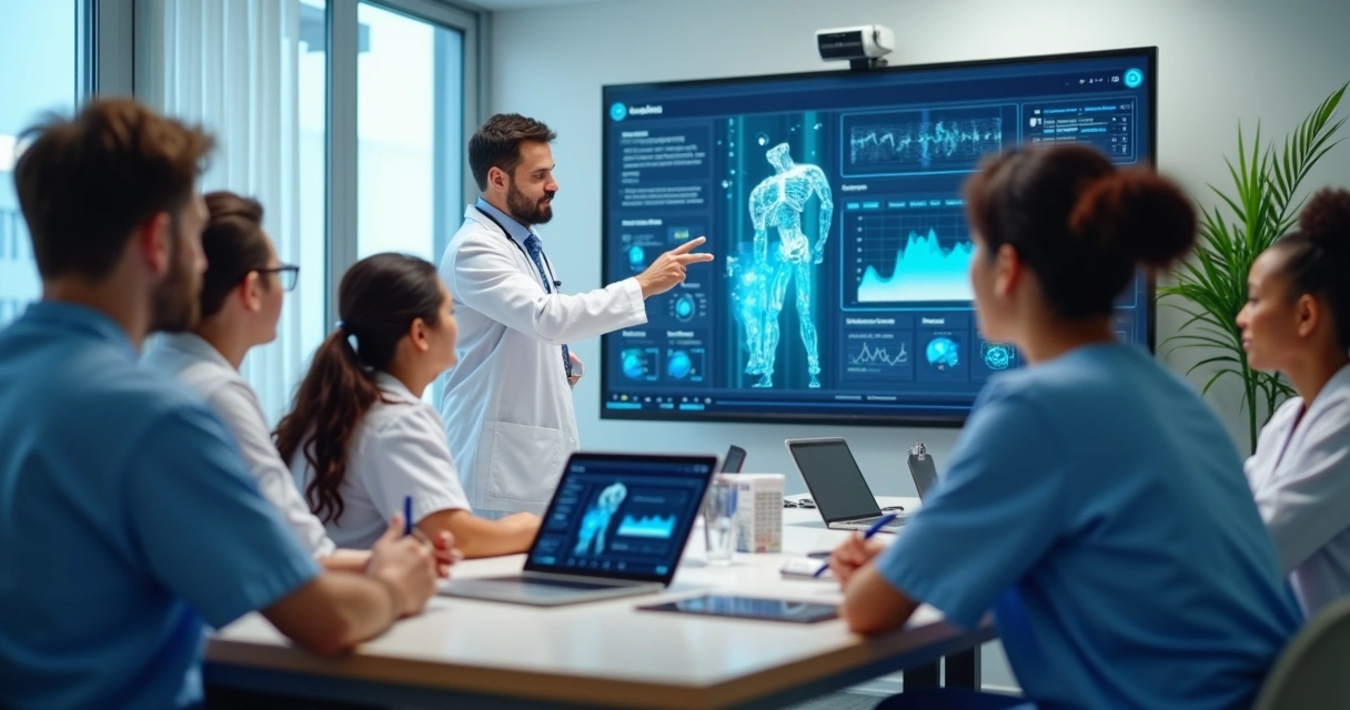 Equipe médica em treinamento sobre IA em sala de reunião 