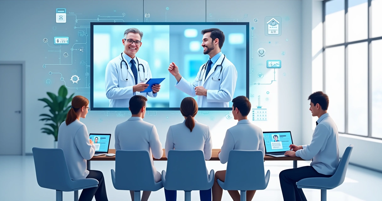 Equipe médica realizando videoconferência