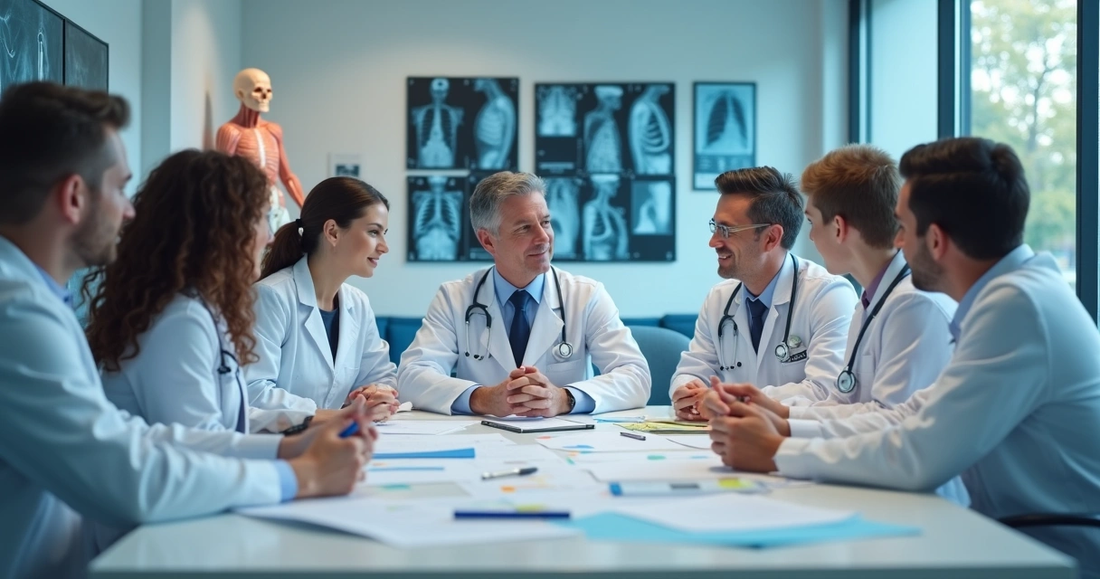 Equipe médica reunida com documentos de parceria em hospital 