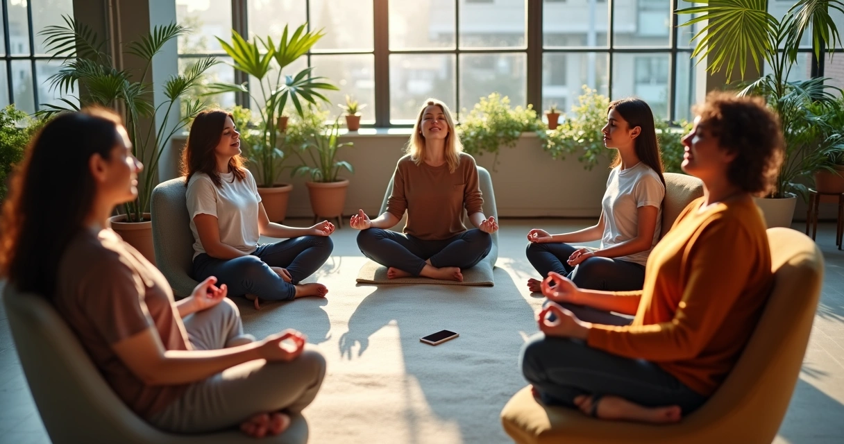 Equipe sentada em círculo em escritório, praticando meditação guiada 