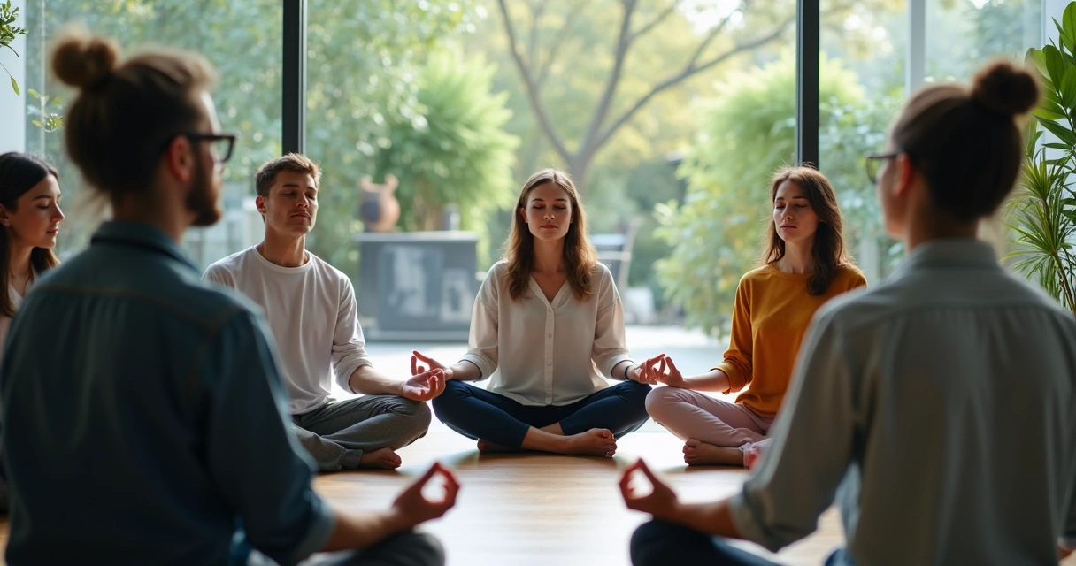 Time reunido numa sala de escritório praticando meditação juntos