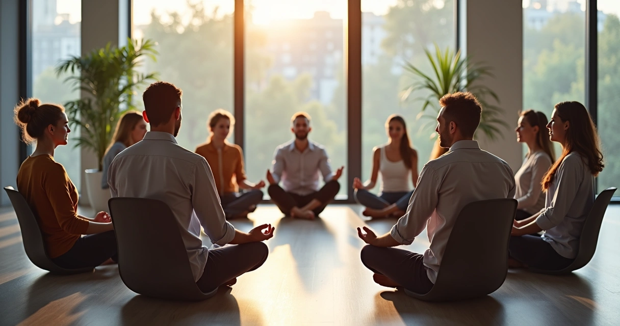 Grupo de pessoas sentadas em círculo praticando meditação em sala iluminada por luz natural 