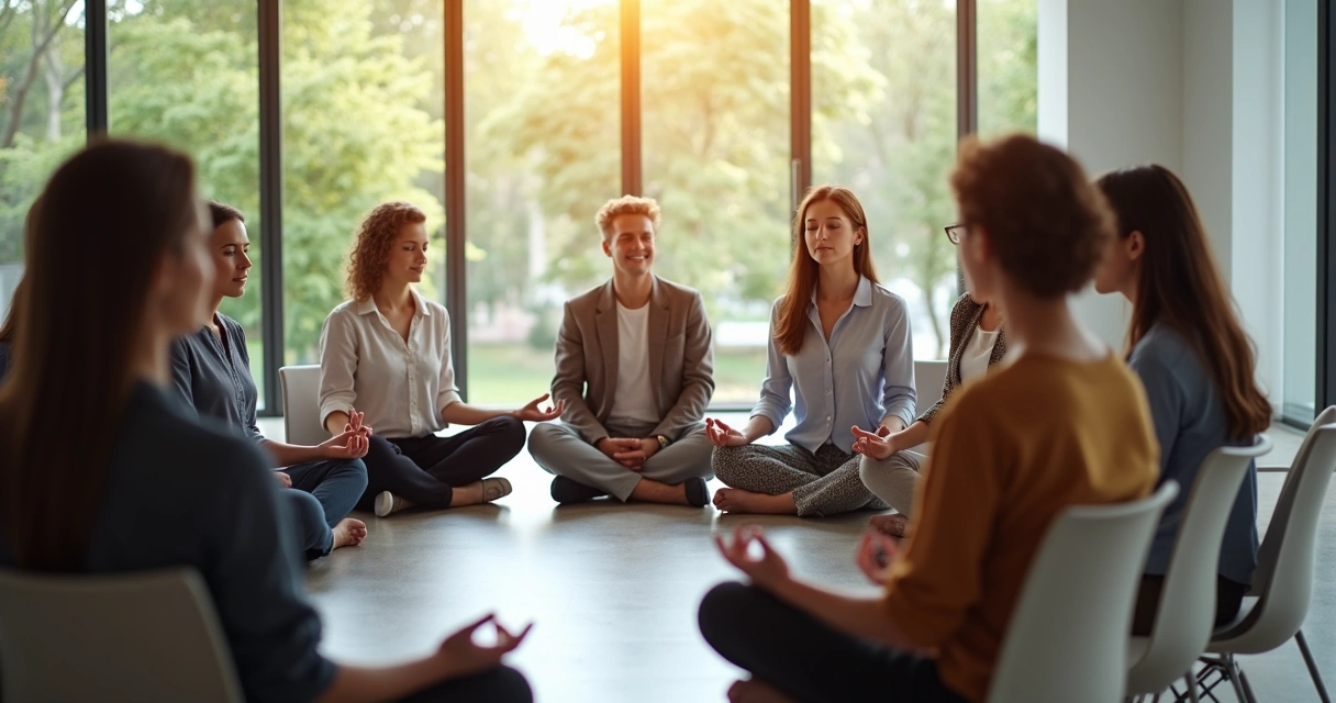 Grupo de profissionais sentados em círculo praticando meditação silenciosa 