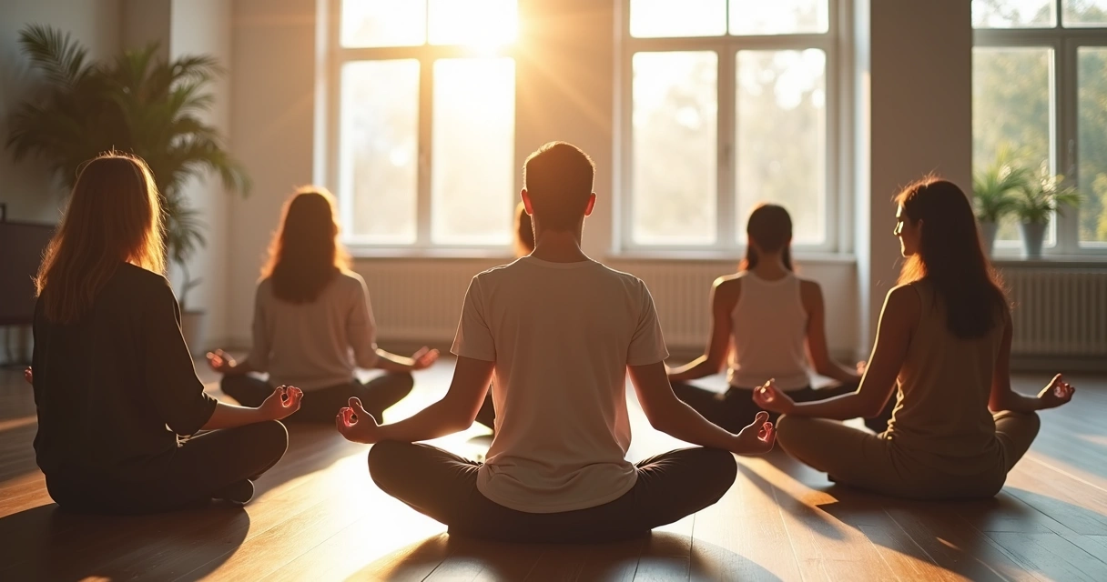 Equipe sentada em círculo, olhos fechados, praticando meditação em sala de reunião. 