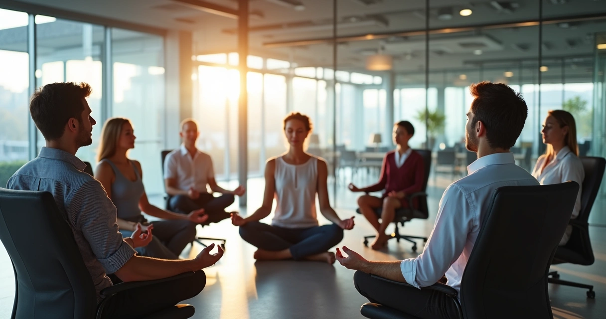 Grupo sentado em círculo meditando em sala de reunião de escritório