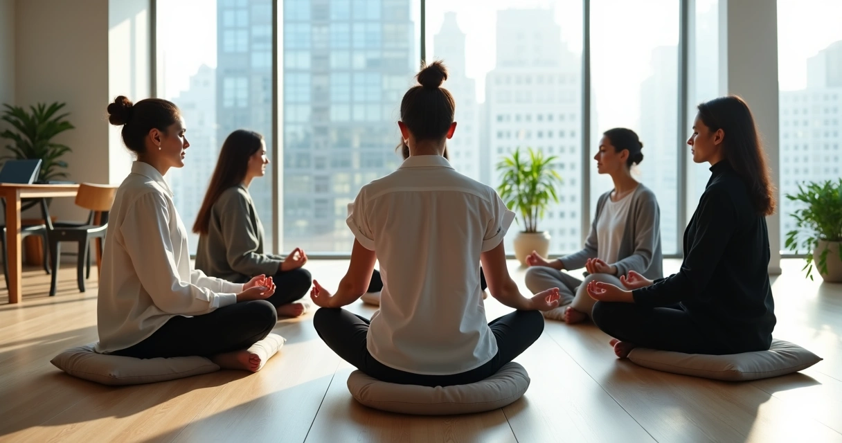 Equipe corporativa em meditação coletiva em sala de reunião moderna 