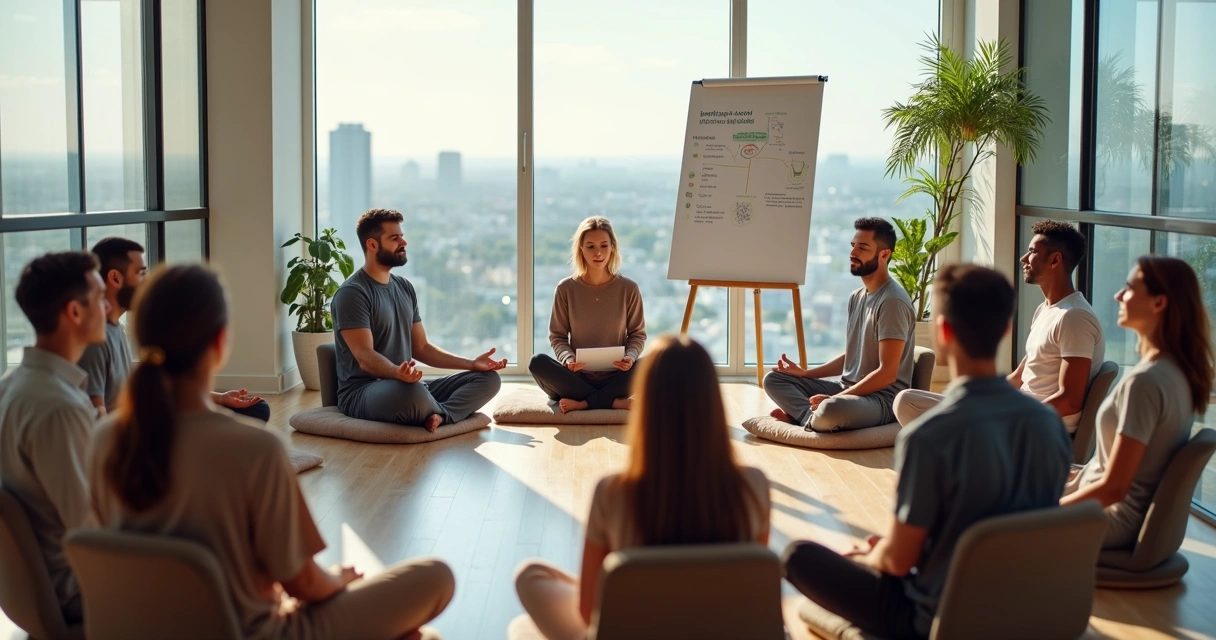 Equipes diversas sentadas em círculo praticando meditação guiada em ambiente corporativo moderno 