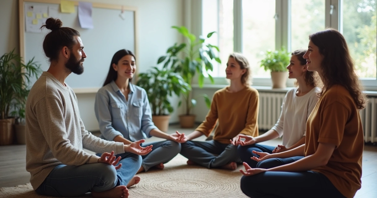 Equipe em reunião sentada em círculo praticando meditação guiada antes da conversa