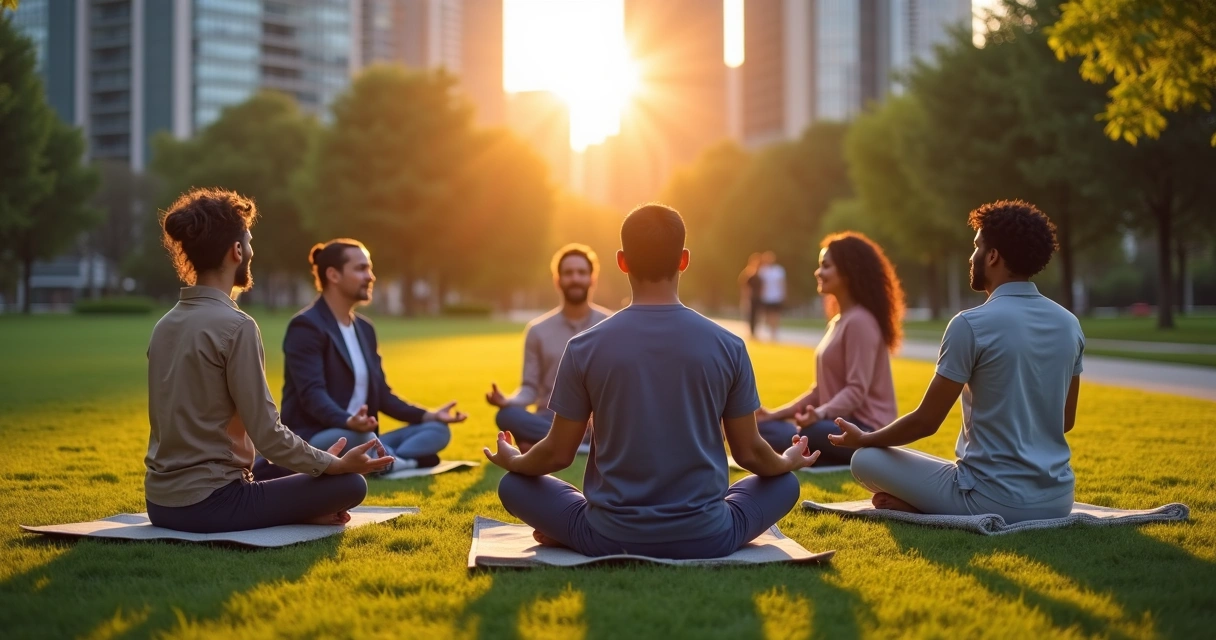 Equipe diversa meditando em parque urbano ao pôr do sol 