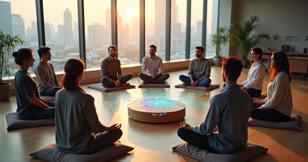 Equipe sentada em círculo meditando em escritório moderno com painel colorido ao centro 