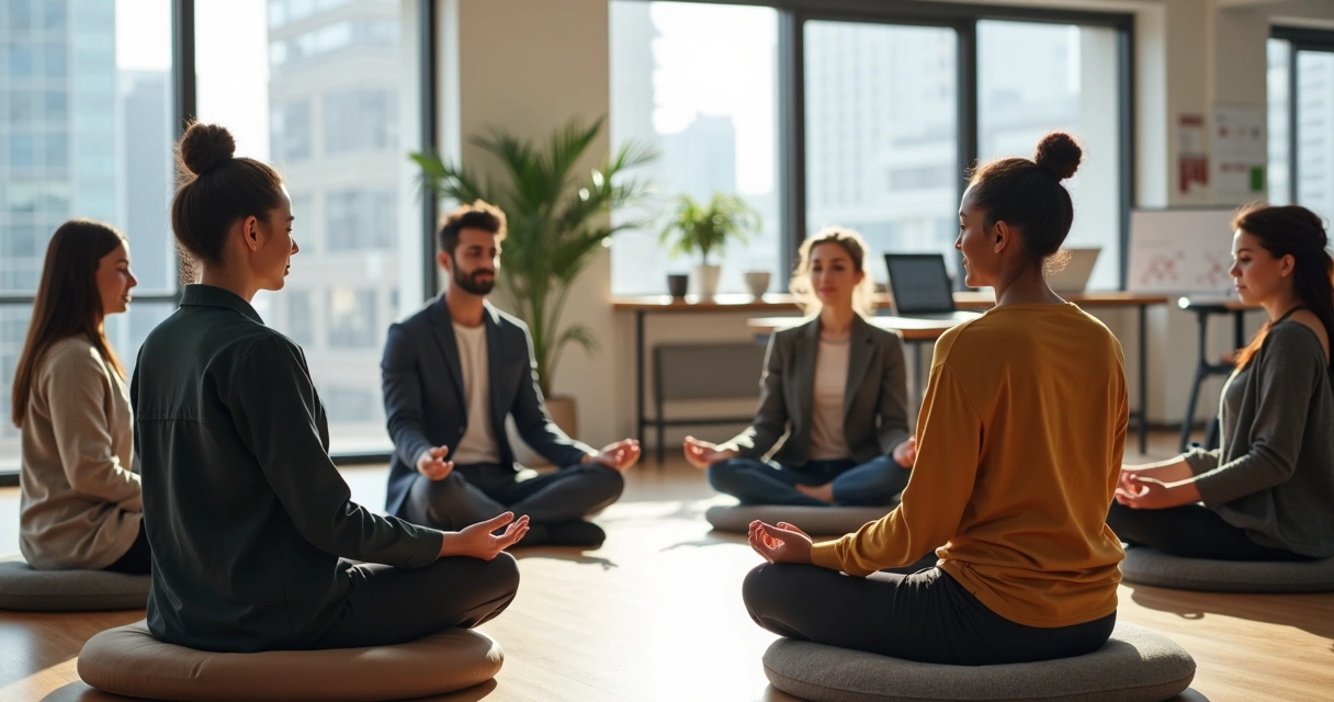 Equipe diversa meditando sentada em círculo em um escritório moderno 