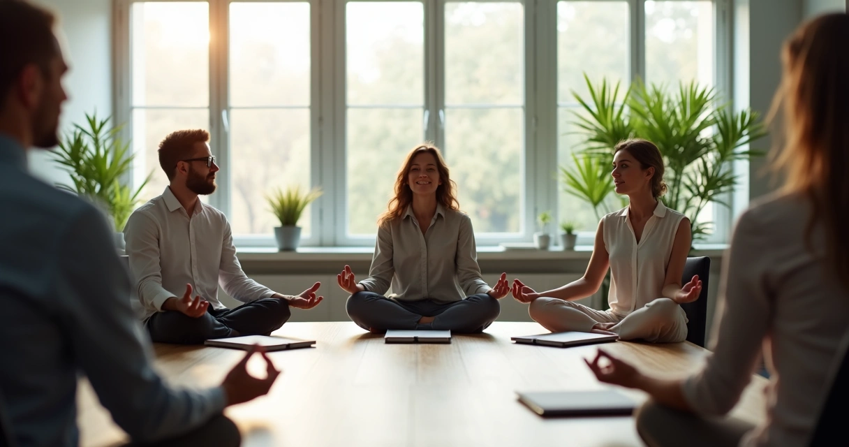Equipe sentada em círculo respirando antes da reunião