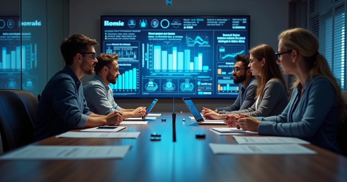 Equipe reunida analisando estratégias de cobrança em ambiente bancário