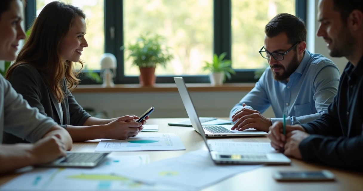 Equipe comercial analisando mensagens de WhatsApp em laptops 