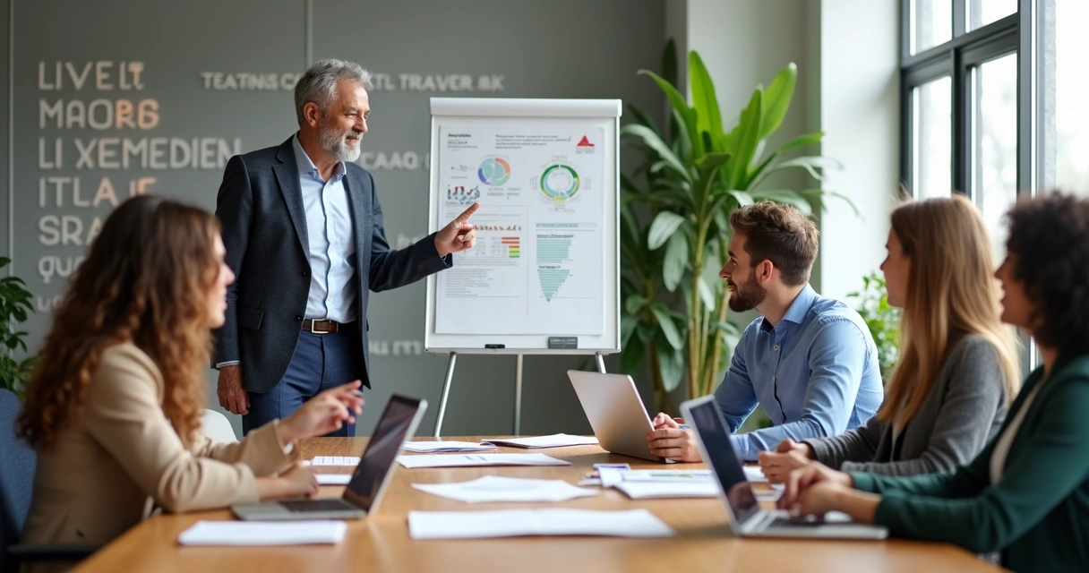 Mentor especialista reunido com equipe para planejamento 