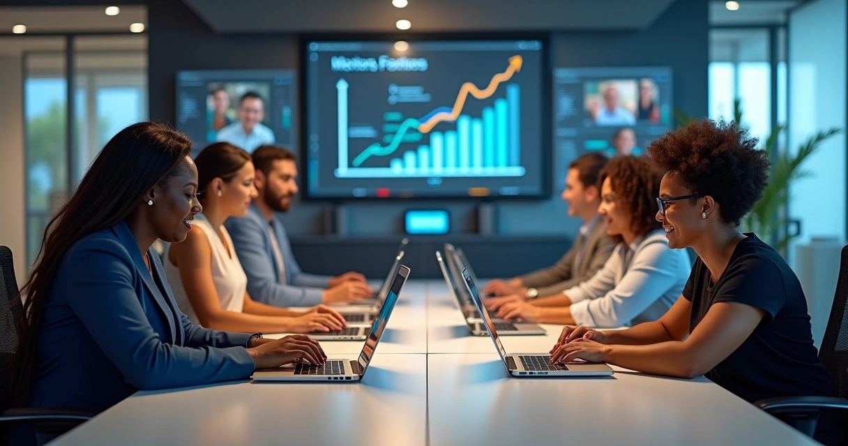 Equipe de mentores trabalhando em computadores, mostrando crescimento.
