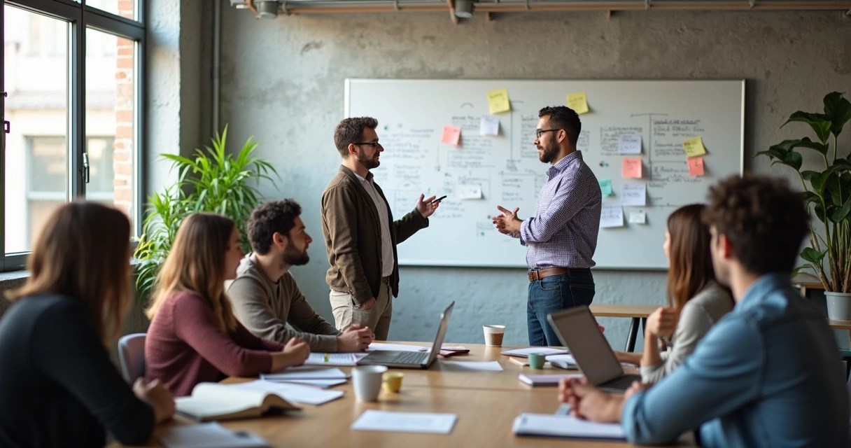 Equipe de startup em uma reunião de mentoria colaborativa 