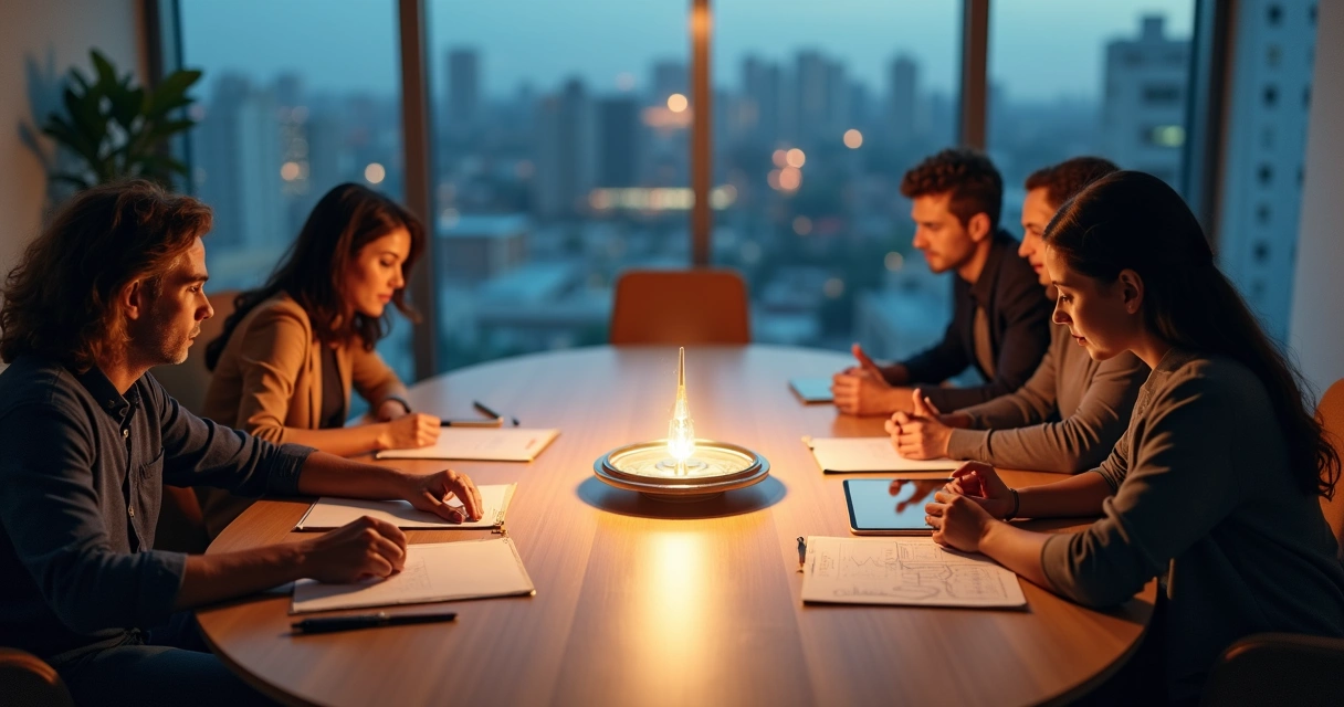 Equipe ao redor de mesa com bússola luminosa representando metas alinhadas à ética 