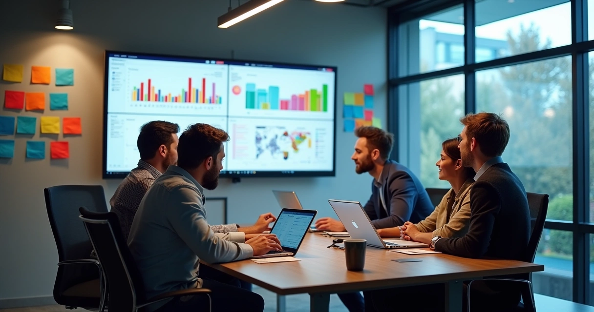 Equipe reunida analisando métricas de satisfação em telas grandes